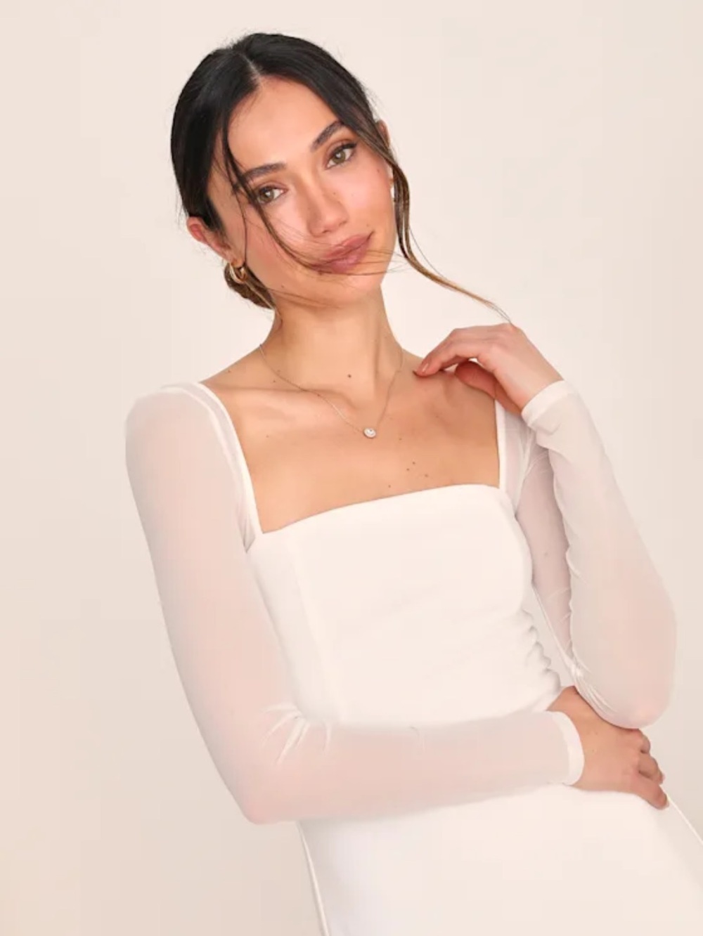 New Lulus Lovingly Yours Elegant White Square-Neck Long Sleeve Dress Sz Small - Picture 3 of 11